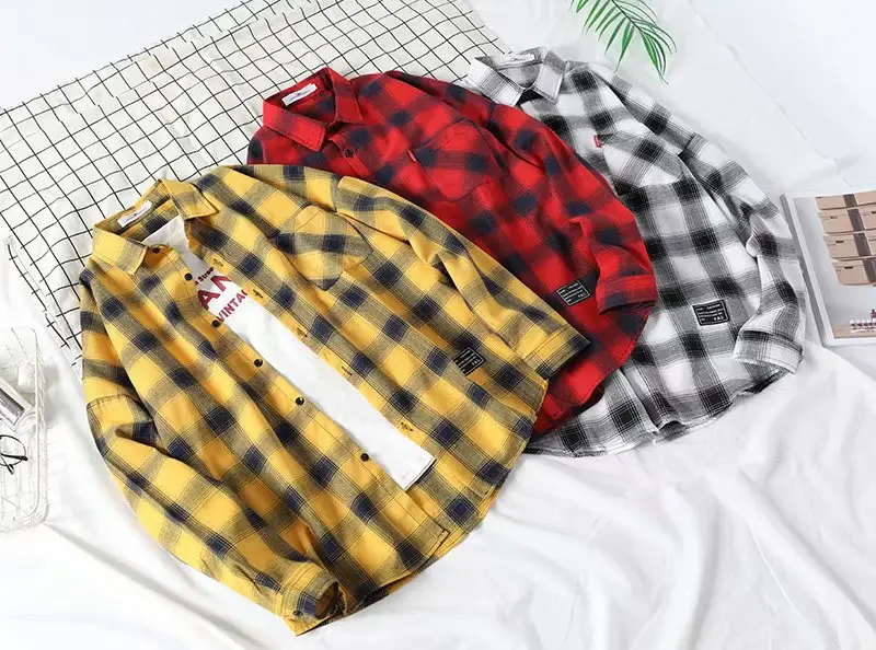 Men's Yellow Plaid Long Sleeve Shirt Korean Style — feature 53