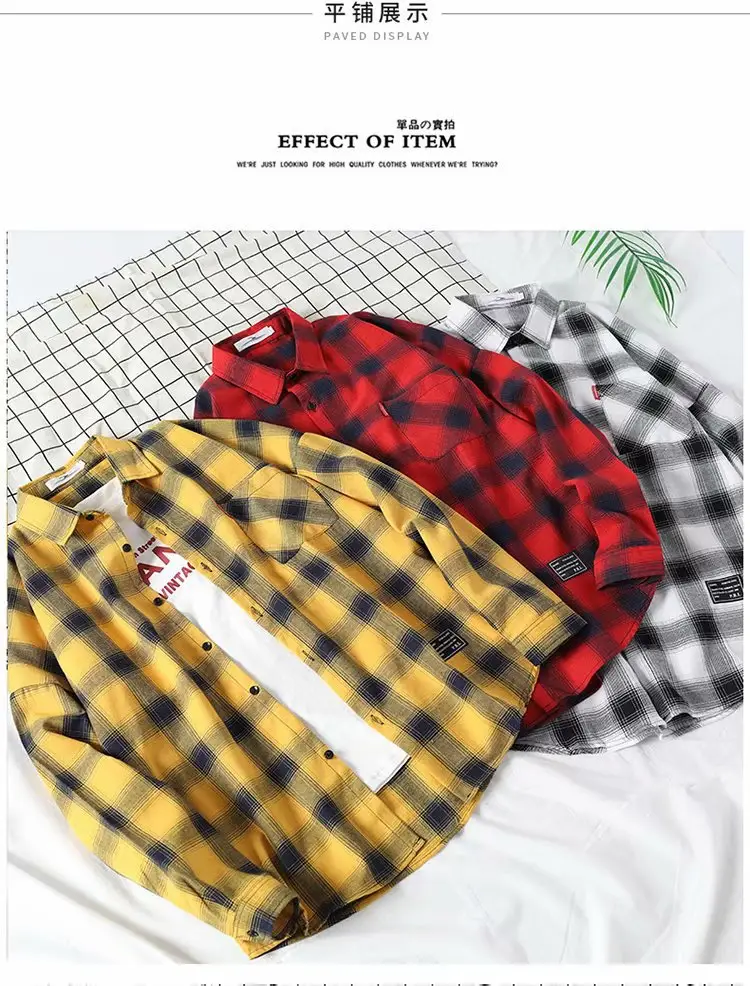 Men's Yellow Plaid Long Sleeve Shirt Korean Style — feature 6