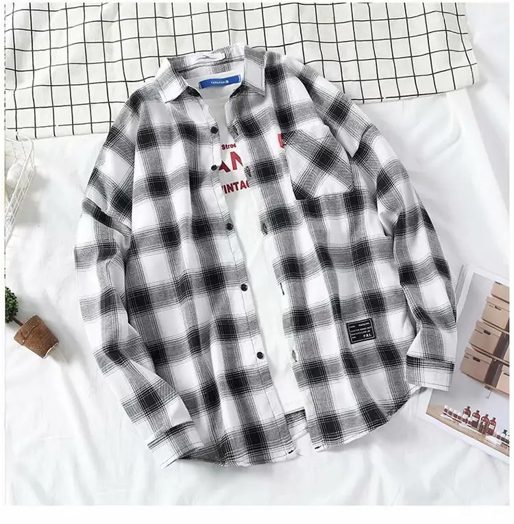 Men's Yellow Plaid Long Sleeve Shirt Korean Style