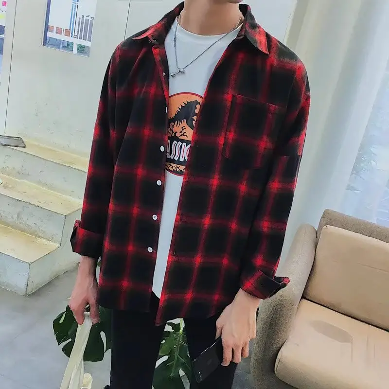 Men's Cross-Brand Plaid Long Sleeve Shirt Black White