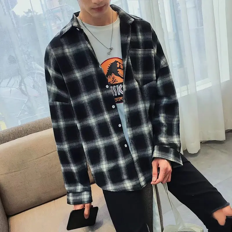 Men's Cross-Brand Plaid Long Sleeve Shirt Black White