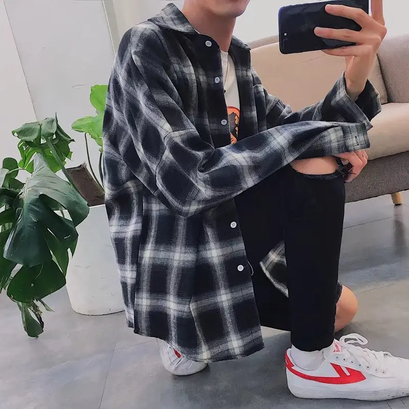 Men's Cross-Brand Plaid Long Sleeve Shirt Black White