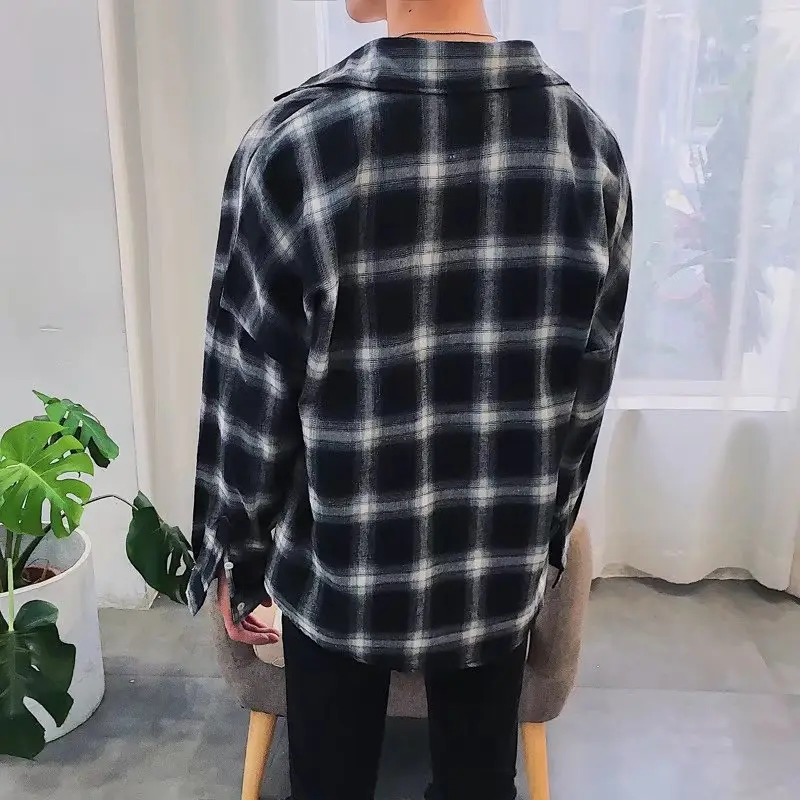 Men's Cross-Brand Plaid Long Sleeve Shirt Black White