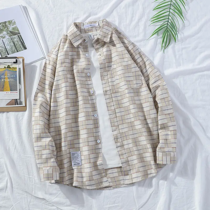 Japanese Style Plaid Lapel Shirt Men Long Sleeve - Image 7