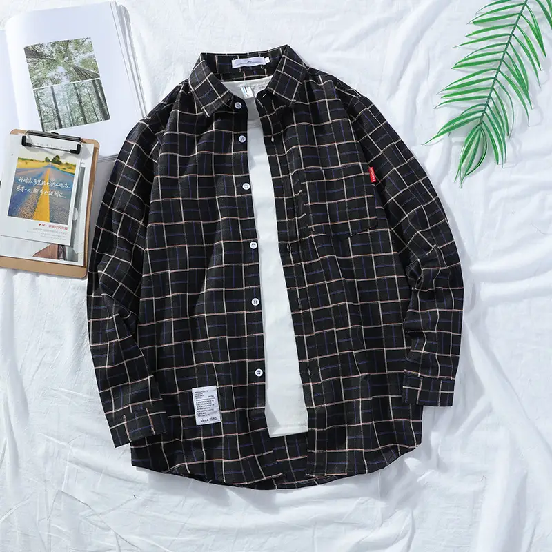 Japanese Style Plaid Lapel Shirt Men Long Sleeve - Image 8