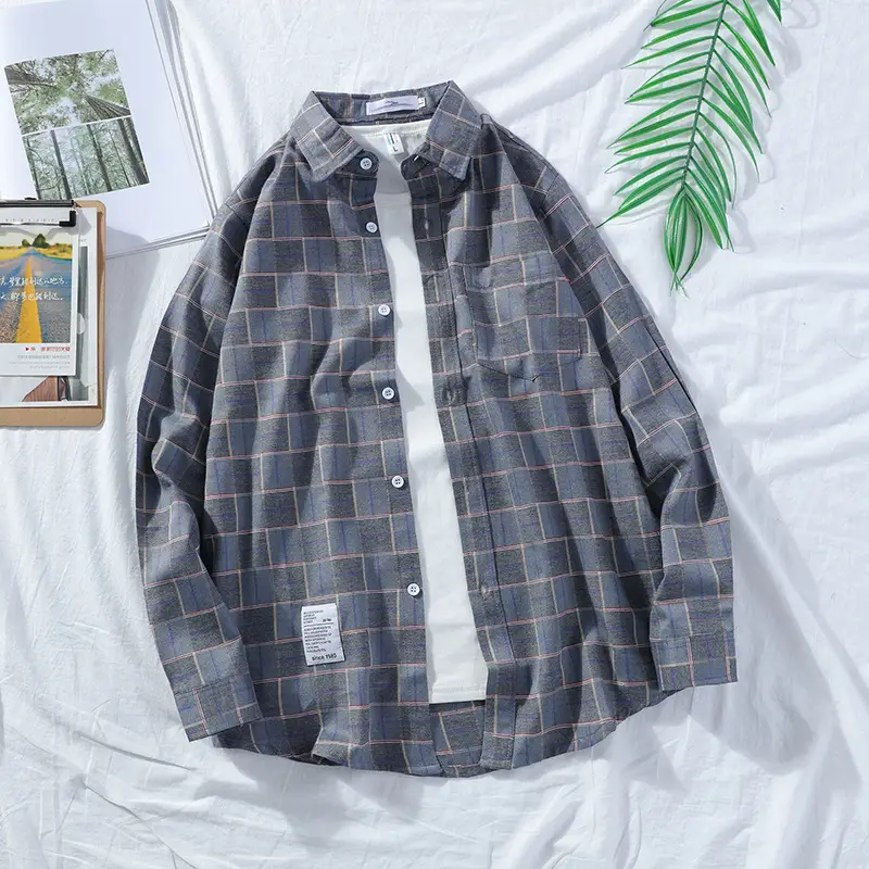 Japanese Style Plaid Lapel Shirt Men Long Sleeve - Image 3