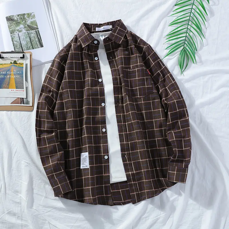 Japanese Style Plaid Lapel Shirt Men Long Sleeve - Image 4