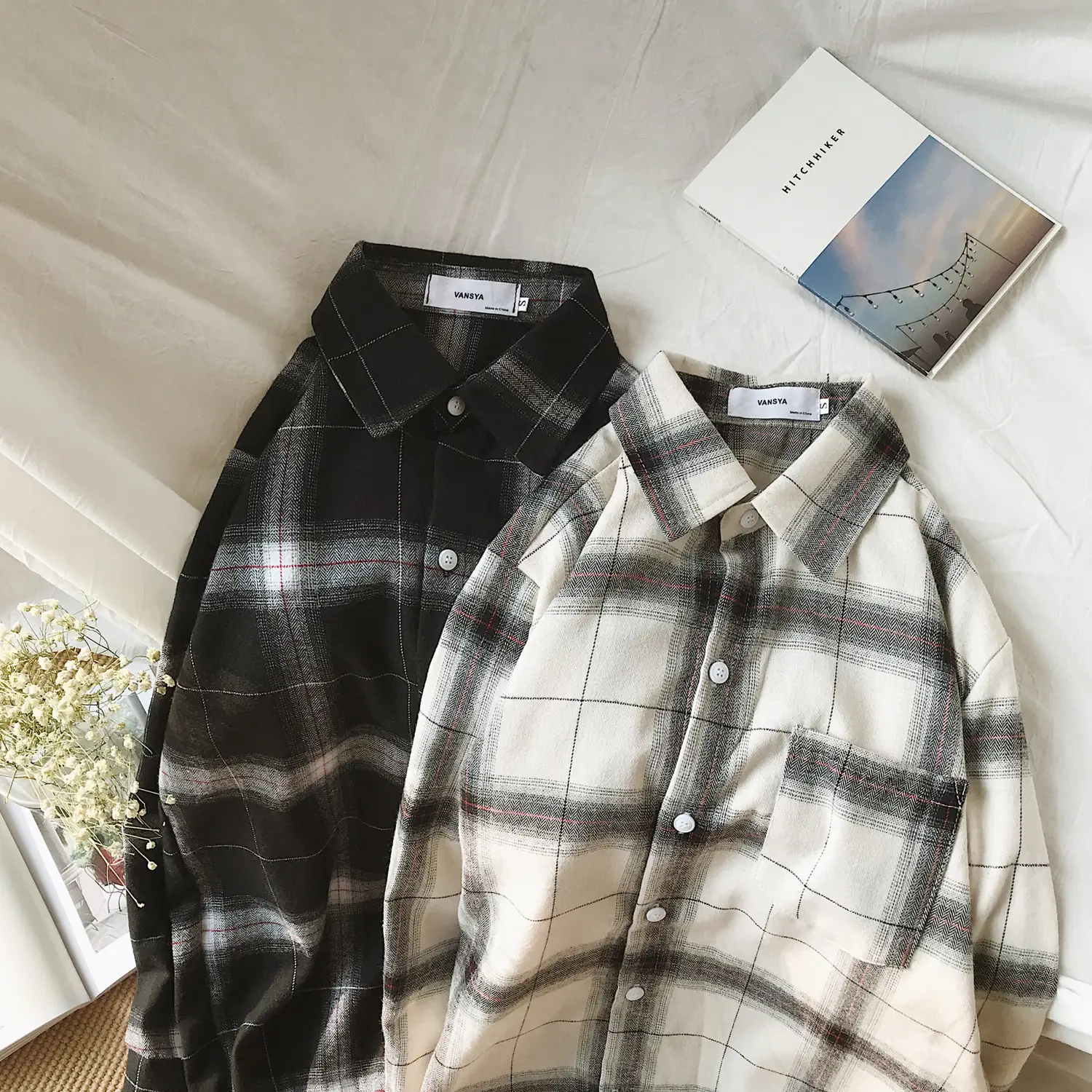 Men's Plaid Long Sleeve Shirt Black White Slim Fit - Image 5