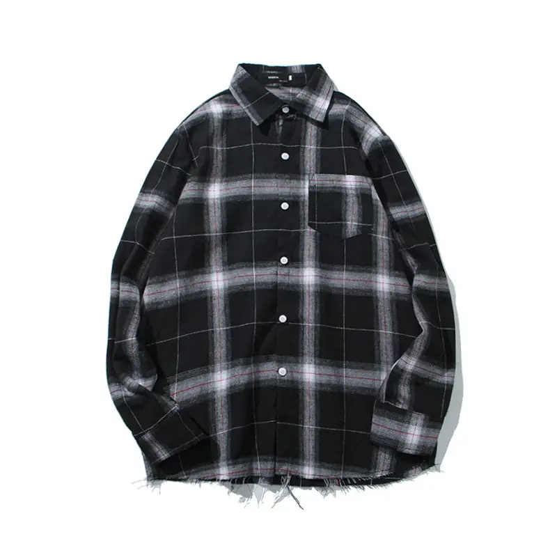 Men's Plaid Long Sleeve Shirt Black White Slim Fit - Image 7