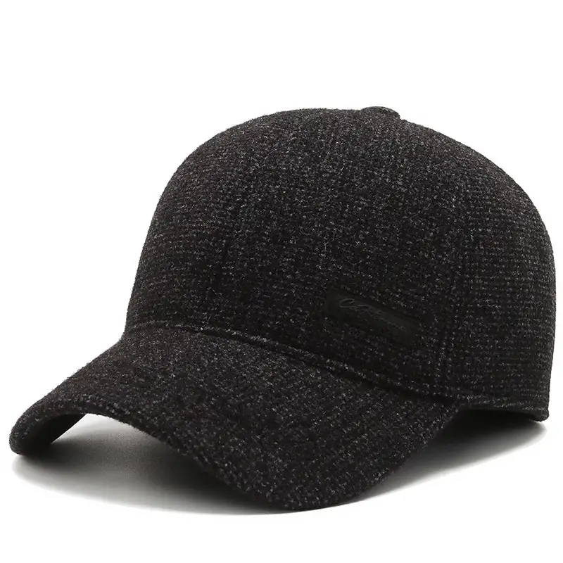 Men's Black Cotton Baseball Cap with Velvet Padded Warmness - Image 3