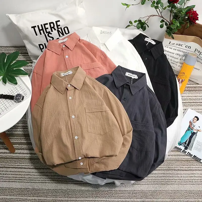 Pure White Long Sleeve Shirt for Men Korean Style Loose Fit - Image 6