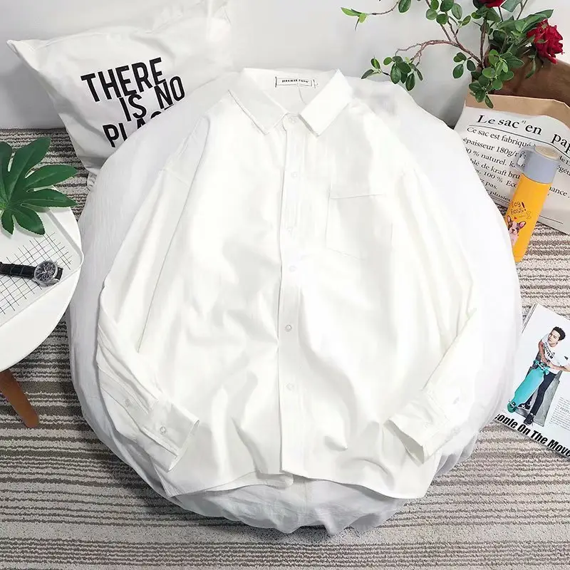 Pure White Long Sleeve Shirt for Men Korean Style Loose Fit - Image 4