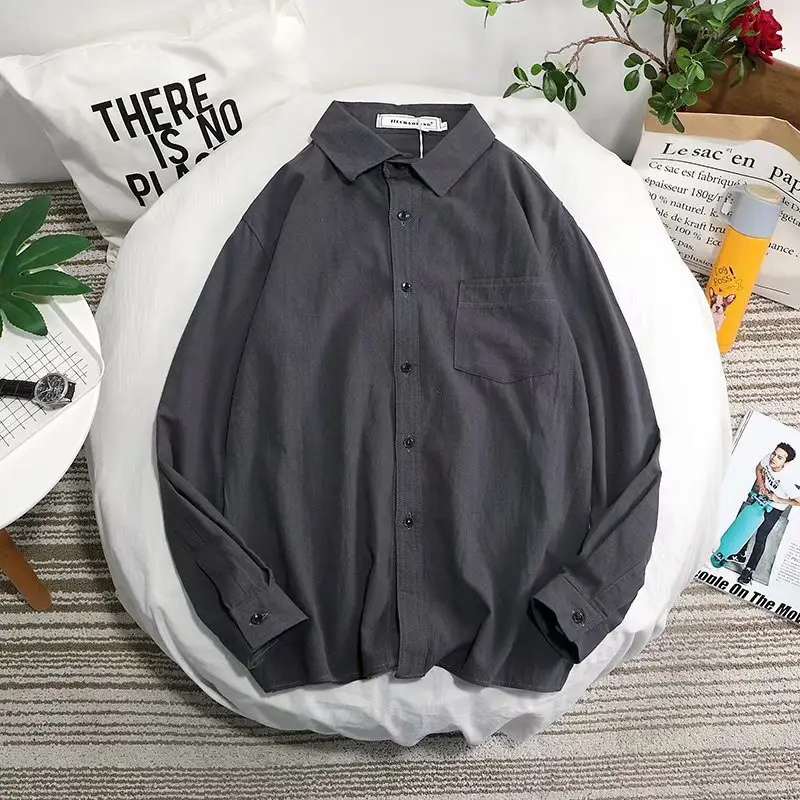 Pure White Long Sleeve Shirt for Men Korean Style Loose Fit - Image 5