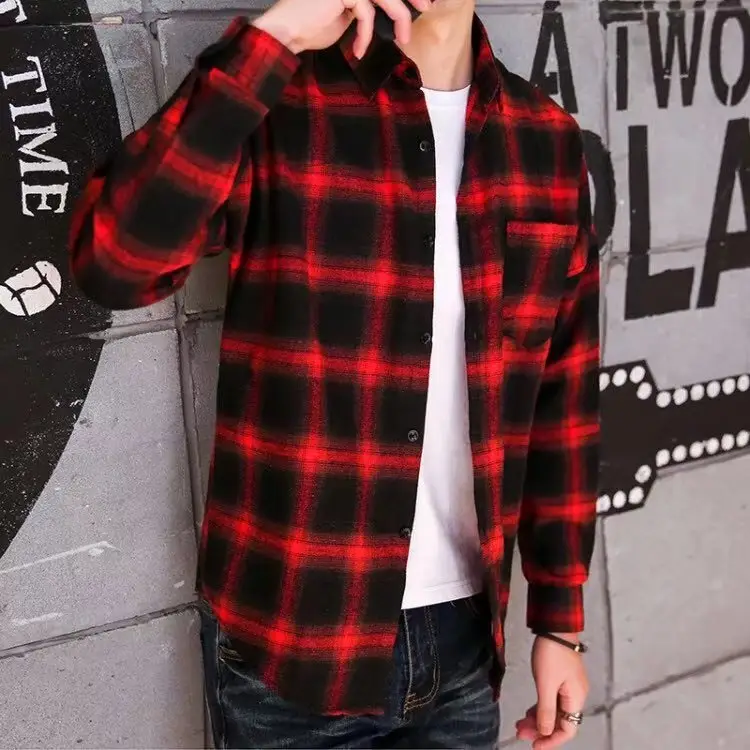 Men Red Black Plaid Long Sleeve Shirt - Image 7