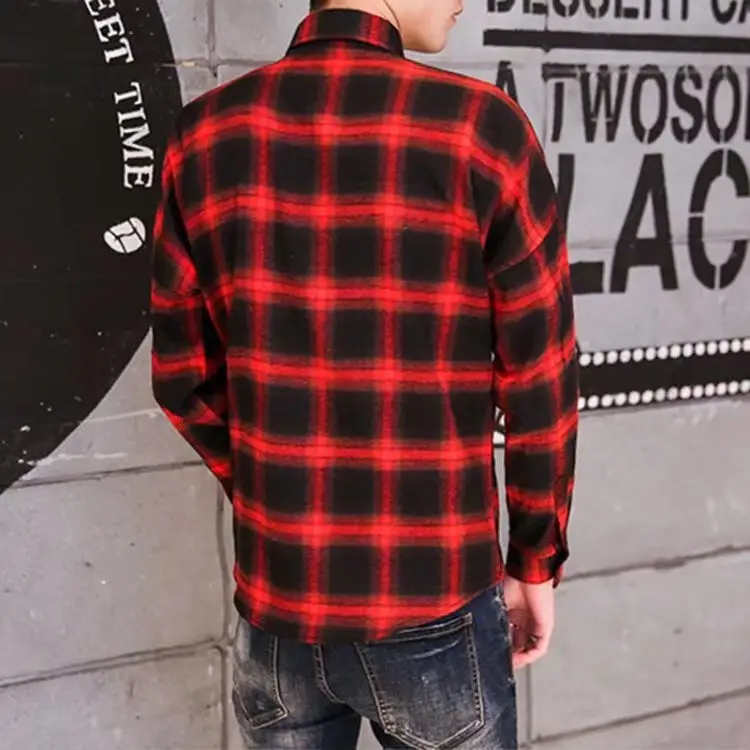 Men Red Black Plaid Long Sleeve Shirt - Image 8