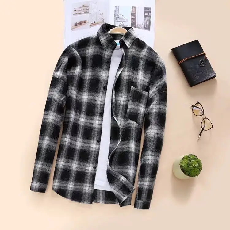 Men Red Black Plaid Long Sleeve Shirt - Image 2