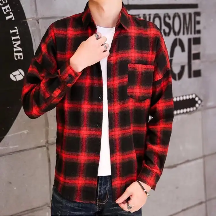 Men Red Black Plaid Long Sleeve Shirt - Image 3