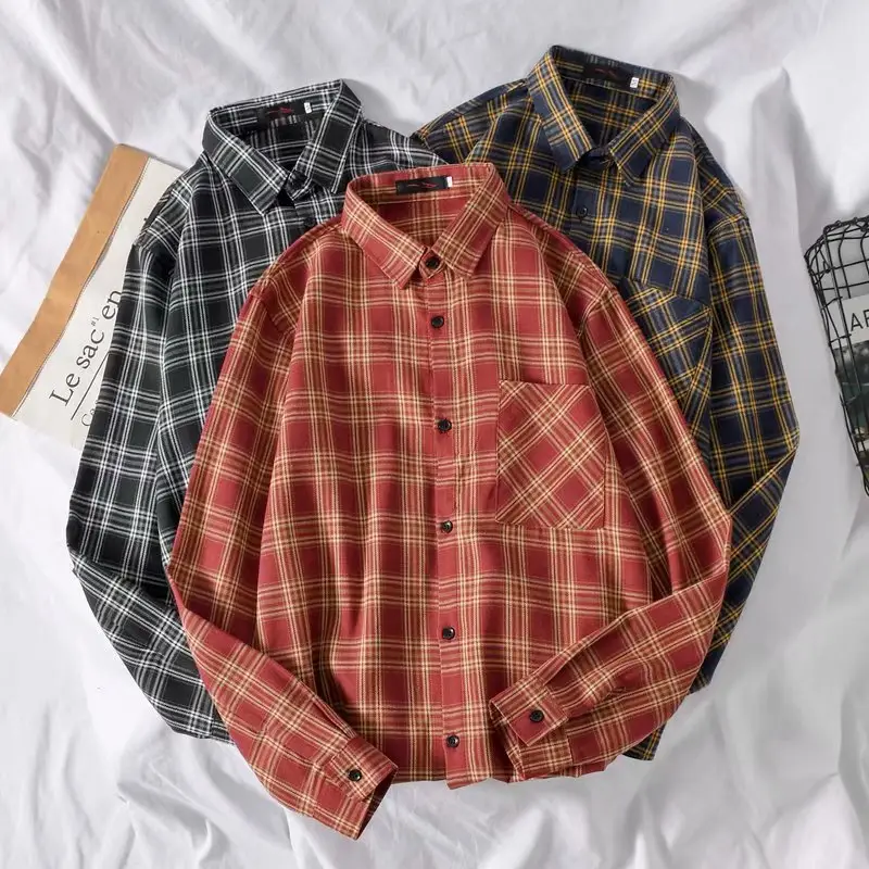 Men's Red Plaid Long Sleeve Shirt Korean Style