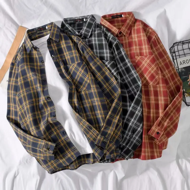 Men's Red Plaid Long Sleeve Shirt Korean Style