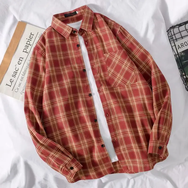 Men's Red Plaid Long Sleeve Shirt Korean Style
