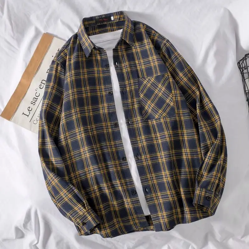 Men's Red Plaid Long Sleeve Shirt Korean Style