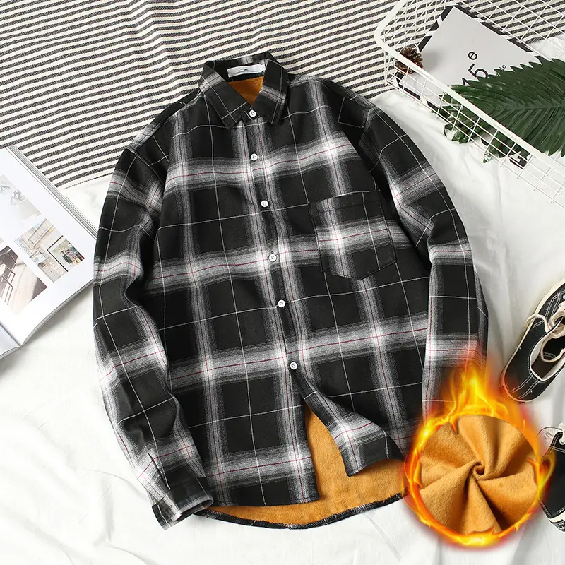 Men's Fleece Plaid Long Sleeve Shirt Black White - Image 2