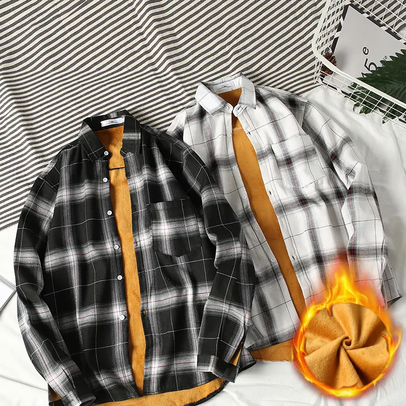Men's Fleece Plaid Long Sleeve Shirt Black White - Image 5