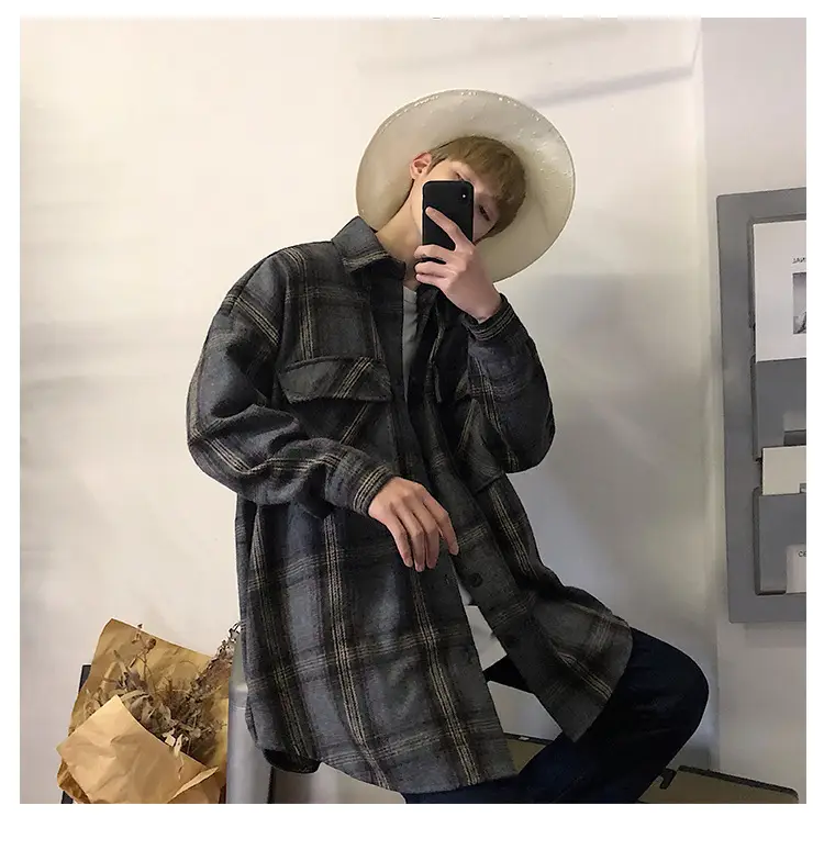 Men Plaid Woolen Jacket Winter Autumn Loose Fit — feature 14
