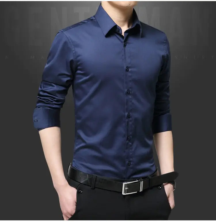 Men's Blue Slim Fit Long Sleeve Shirt with Belt — feature 11