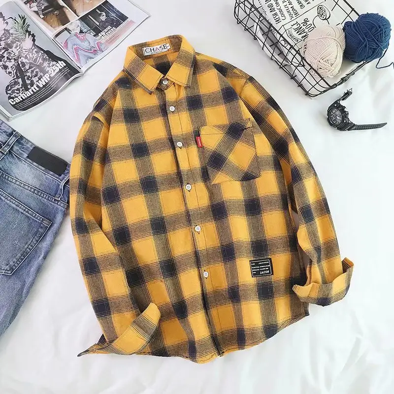 Red Plaid Long Sleeve College Shirt for Men Women