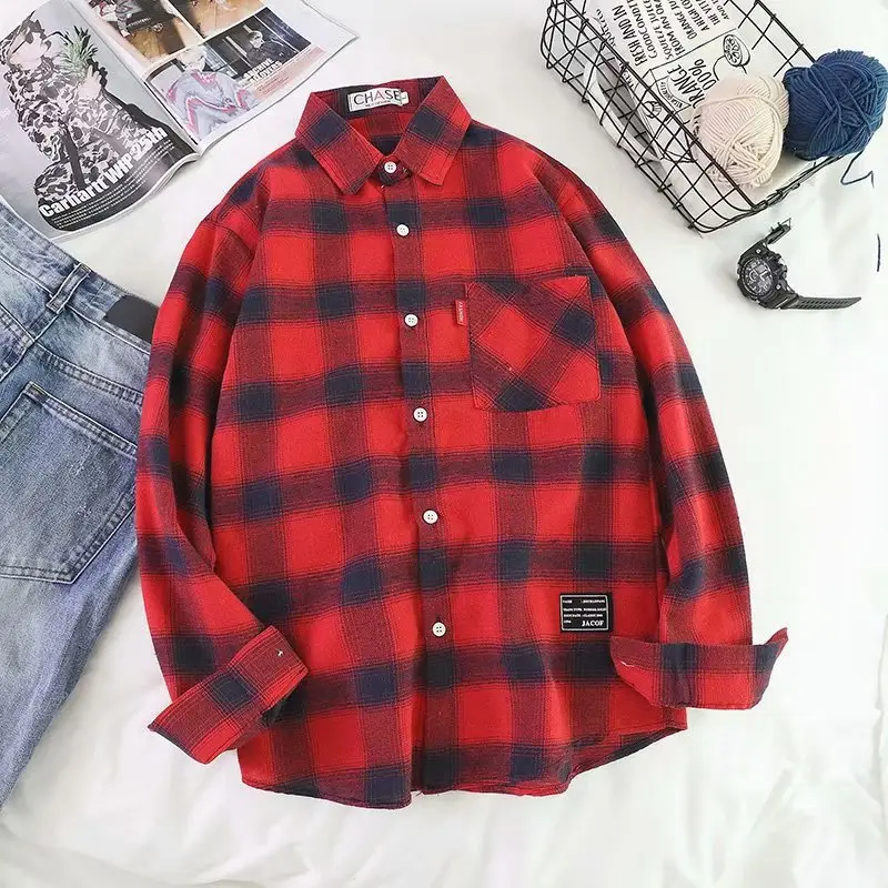 Red Plaid Long Sleeve College Shirt for Men Women