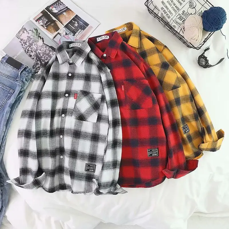 Red Plaid Long Sleeve College Shirt for Men Women
