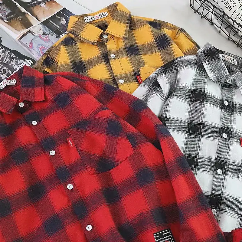 Red Plaid Long Sleeve College Shirt for Men Women