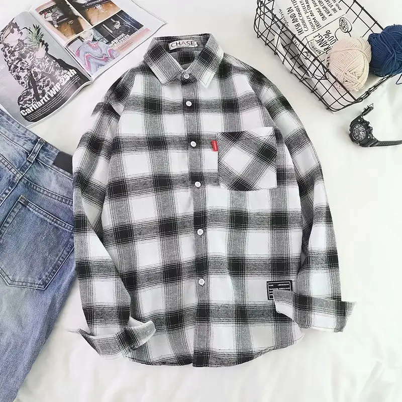 Red Plaid Long Sleeve College Shirt for Men Women