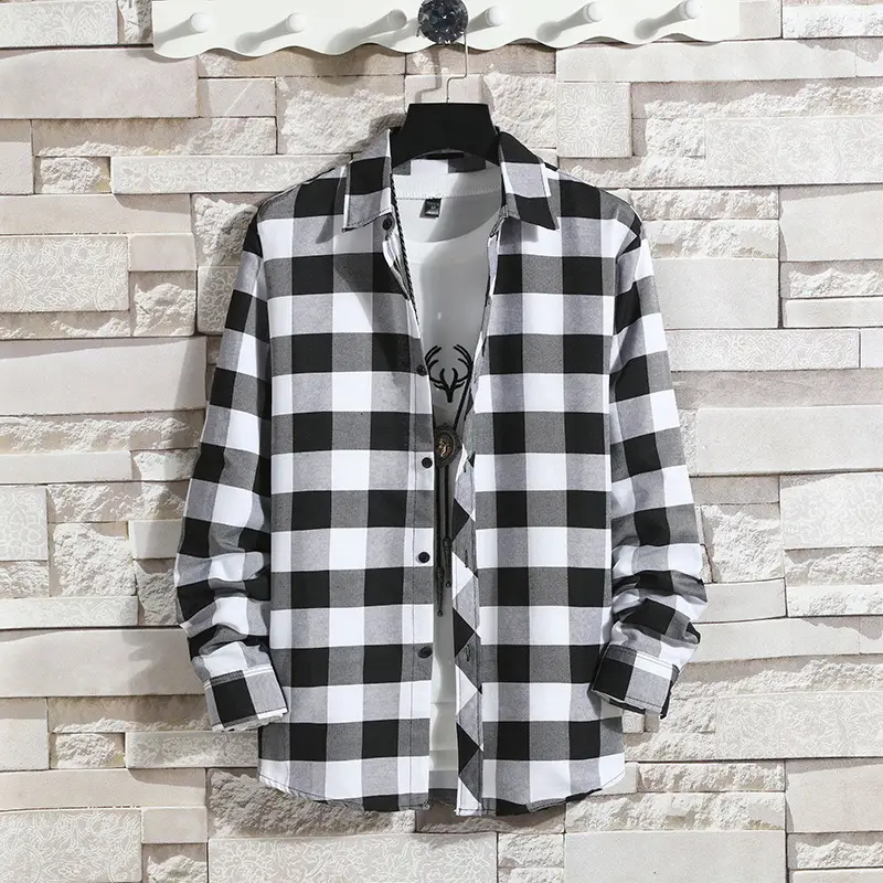 Men's Black White Plaid Long Sleeve Shirt Coat - Image 7