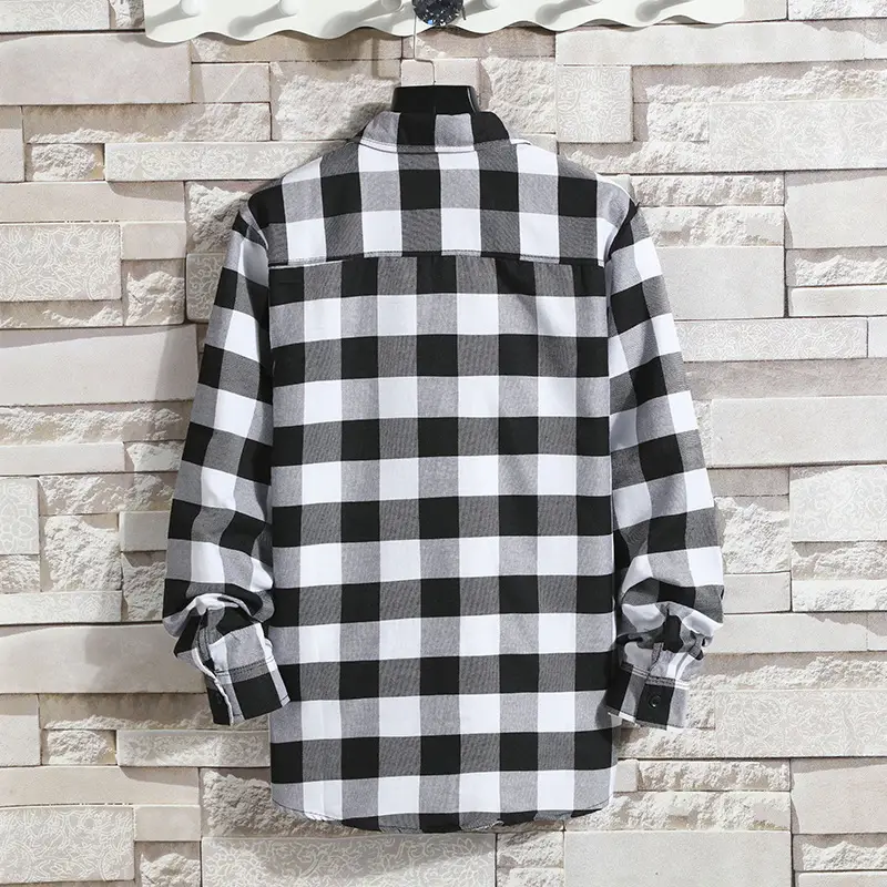 Men's Black White Plaid Long Sleeve Shirt Coat - Image 8