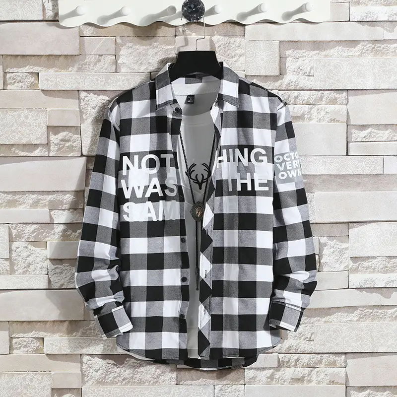 Men's Black White Plaid Long Sleeve Shirt Coat - Image 4