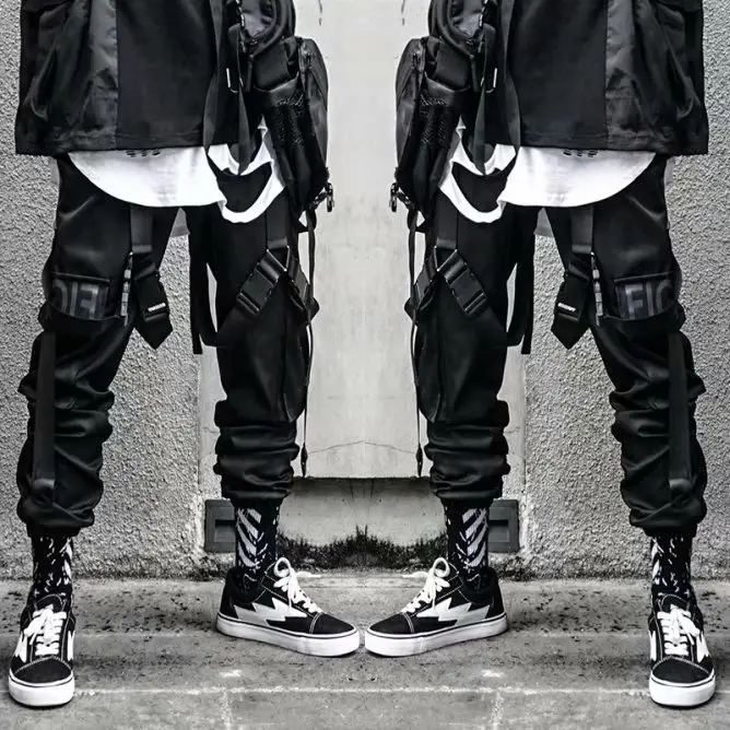 Men's Black Paratrooper Ankle-Tied Pants with Multi-Pockets - Image 2