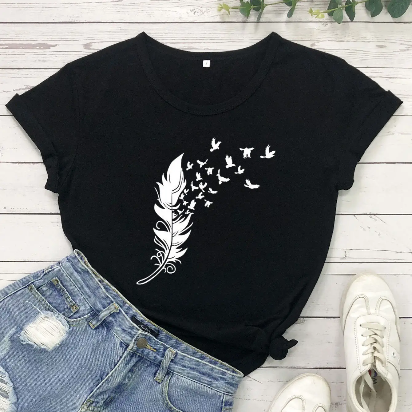 Gray Feather Birds Graphic T-Shirt Short Sleeve - Image 2
