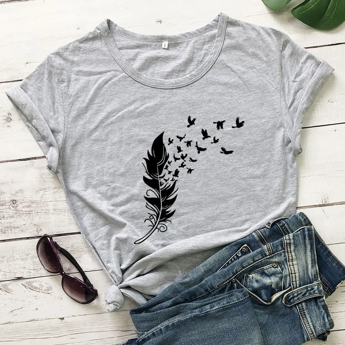 Gray Feather Birds Graphic T-Shirt Short Sleeve - Image 3