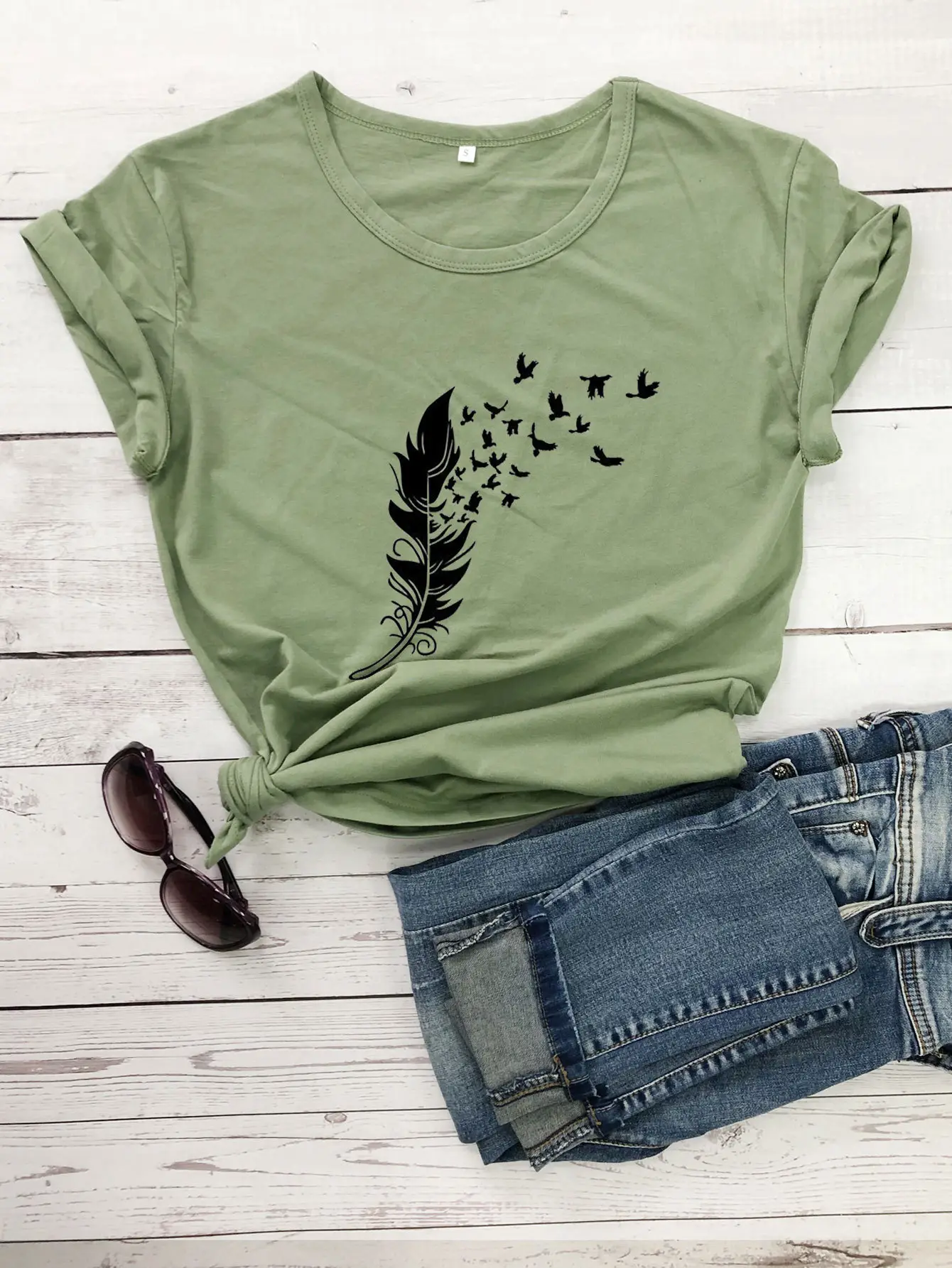 Gray Feather Birds Graphic T-Shirt Short Sleeve - Image 4