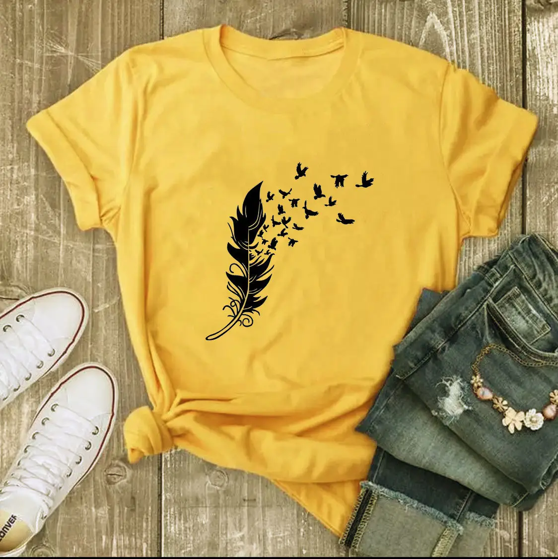 Gray Feather Birds Graphic T-Shirt Short Sleeve - Image 5