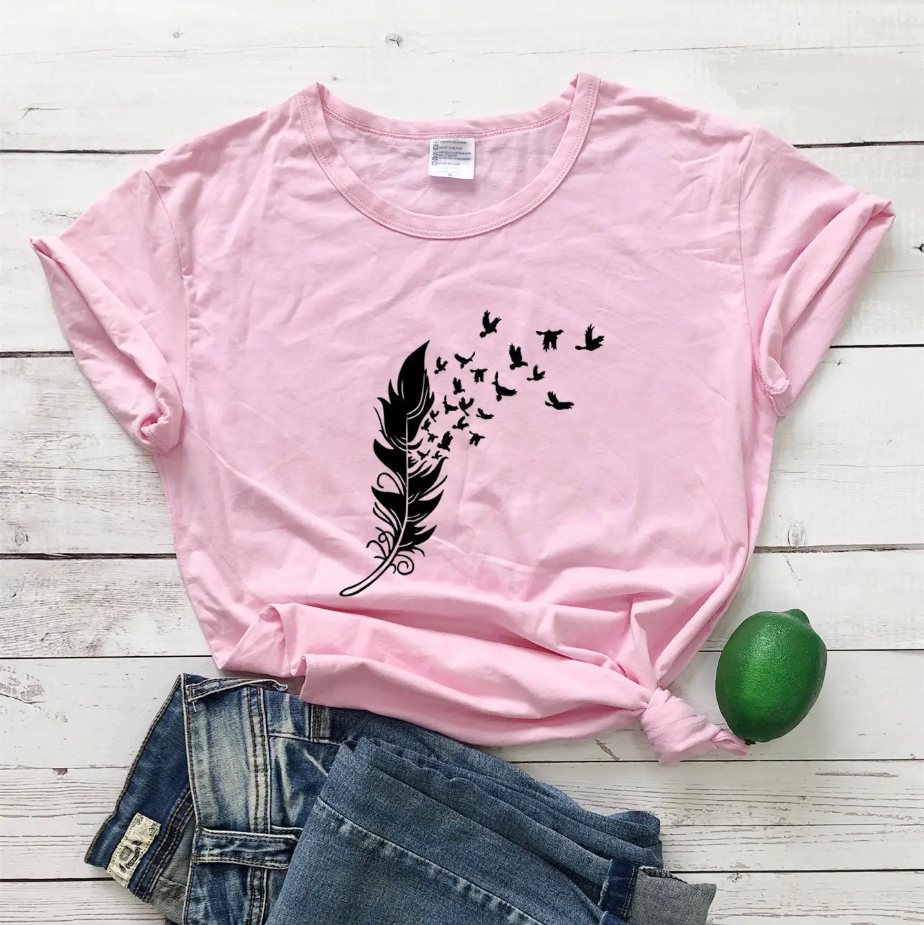 Gray Feather Birds Graphic T-Shirt Short Sleeve - Image 6
