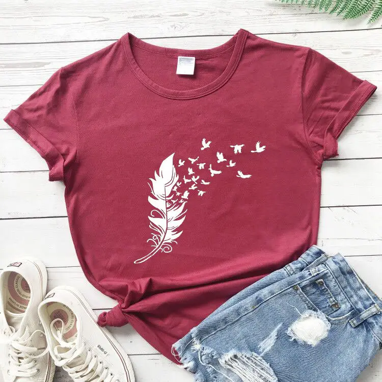 Gray Feather Birds Graphic T-Shirt Short Sleeve - Image 7