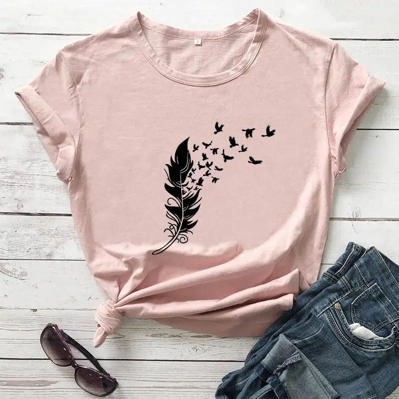 Gray Feather Birds Graphic T-Shirt Short Sleeve - Image 8