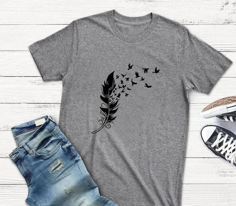 Gray Feather Birds Graphic T-Shirt Short Sleeve - Image 9