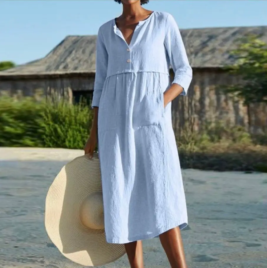 2020 Spring Linen Round Neck Dress with Button Pocket - Image 3