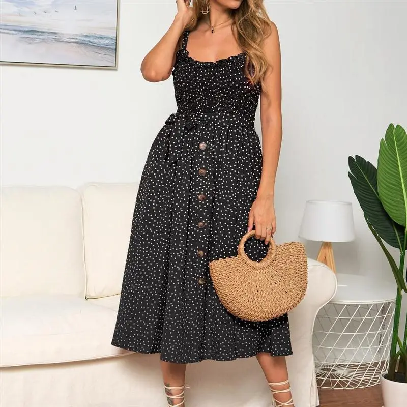 Women's Ruffled Polka Dot Dress Navy Blue Long Sleeve - Image 7