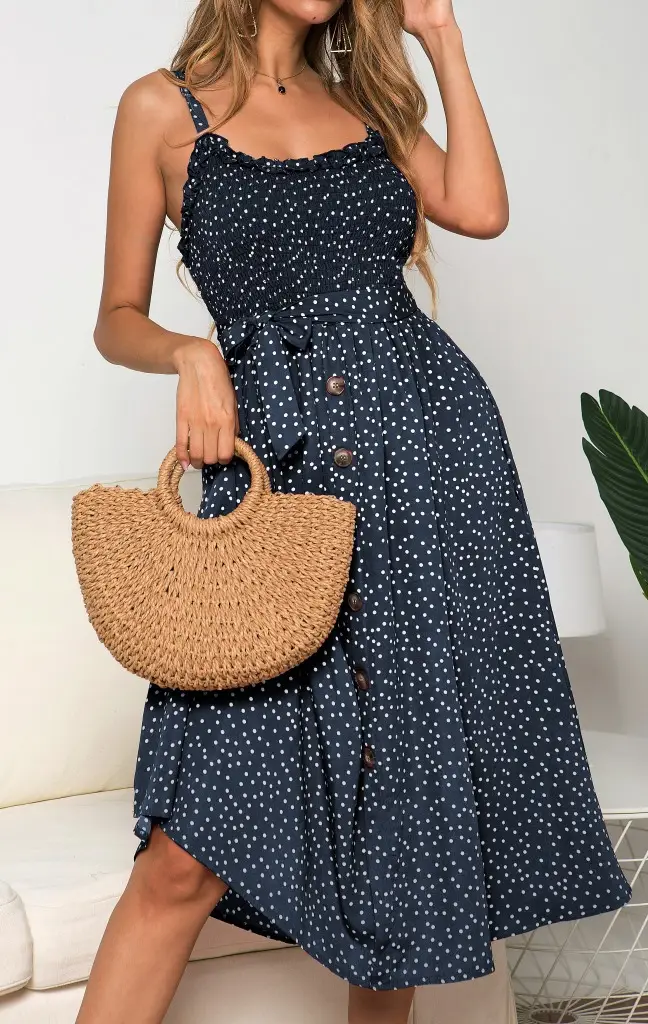 Women's Ruffled Polka Dot Dress Navy Blue Long Sleeve — feature 10