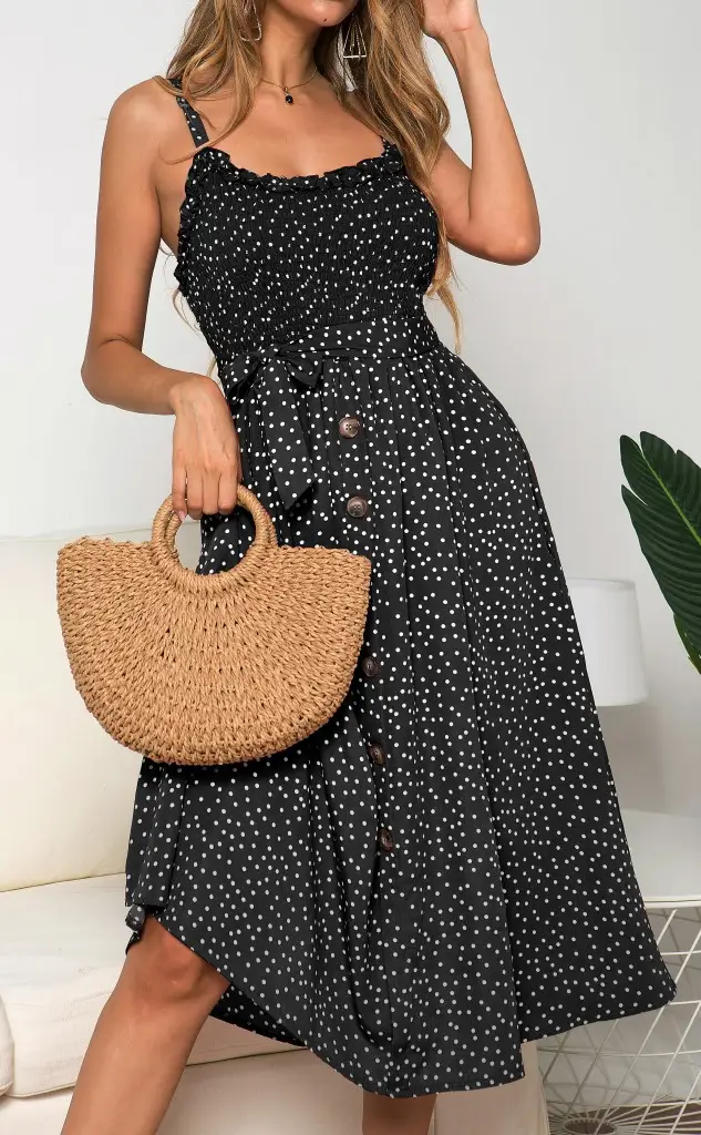 Women's Ruffled Polka Dot Dress Navy Blue Long Sleeve — feature 13